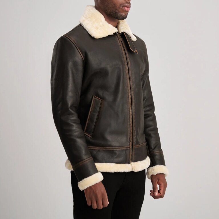 Mens Francis B-3 Brown & Cream Leather Bomber Jacket Side Pose-3-1733737607858